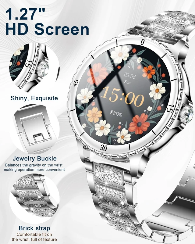 Alt view image 3 of 7 - Smart Watches for Women(Answer/Make Call) with Diamond, 1.27" HD Bluetooth Smartwatch for Android iOS Phones, IP68 Fitness Tracker with Heart Rate, SpO2, Sleep Monitor, 120+ Sports, Silver
