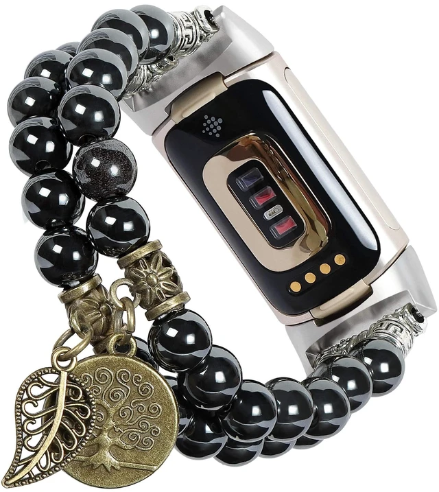 Main image of Compatible with Fitbit Charge 5/6 Band Agate Natural Gemstone Beads Bracelet for Women Energy Stones Healing Crystal Stretch Chakra Bracelets Tree of Life Obsidian 5½"-6"