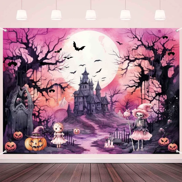 Main image of 8x6ft Pink Halloween Photo Backdrop Banner Pink and Black Halloween Witch Birthday Party Decorations Girls Night Cute Ghost Haunted House Boo Photography Background Wall Decor