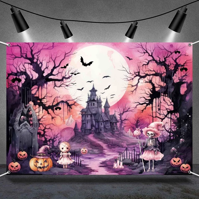 Alt view image 2 of 7 - 8x6ft Pink Halloween Photo Backdrop Banner Pink and Black Halloween Witch Birthday Party Decorations Girls Night Cute Ghost Haunted House Boo Photography Background Wall Decor