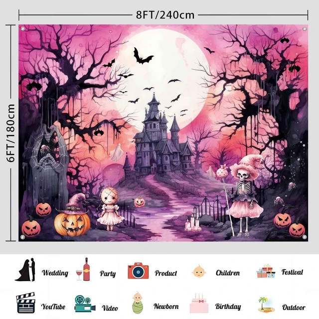 Alt view image 3 of 7 - 8x6ft Pink Halloween Photo Backdrop Banner Pink and Black Halloween Witch Birthday Party Decorations Girls Night Cute Ghost Haunted House Boo Photography Background Wall Decor
