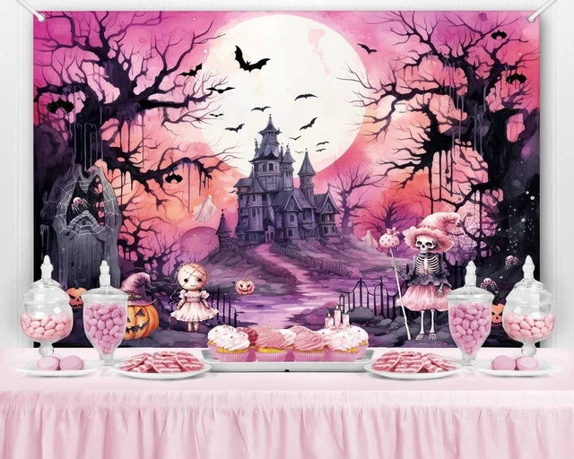 Alt view image 5 of 7 - 8x6ft Pink Halloween Photo Backdrop Banner Pink and Black Halloween Witch Birthday Party Decorations Girls Night Cute Ghost Haunted House Boo Photography Background Wall Decor