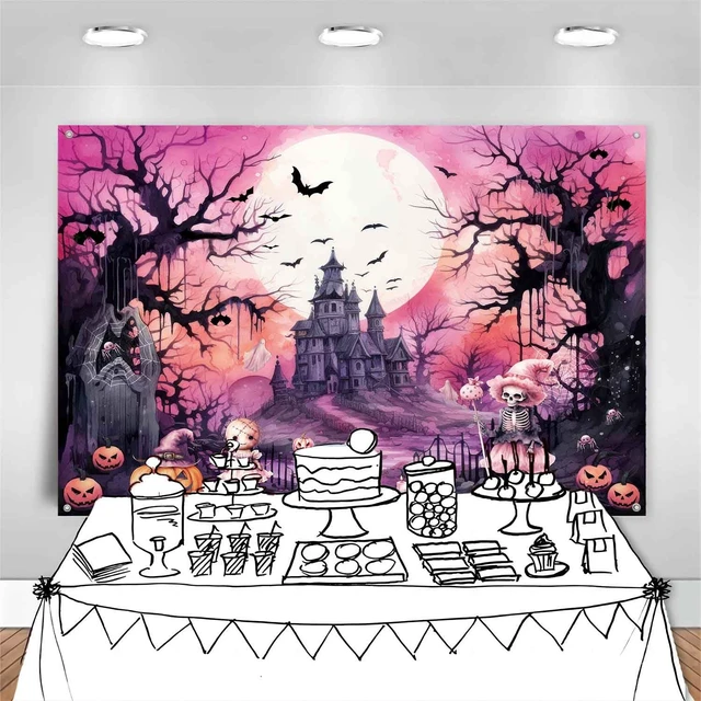 Alt view image 6 of 7 - 8x6ft Pink Halloween Photo Backdrop Banner Pink and Black Halloween Witch Birthday Party Decorations Girls Night Cute Ghost Haunted House Boo Photography Background Wall Decor