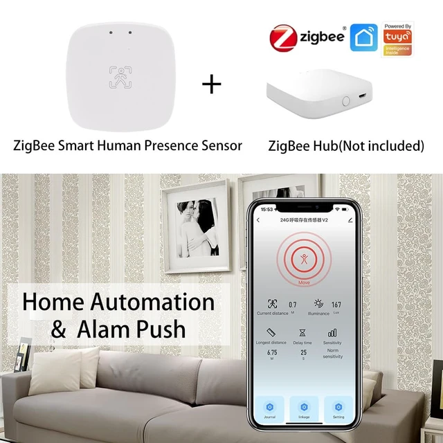 Alt view image 3 of 7 - Presence Sensor, Smart Motion Sensor Zigbee 24 GHz Radar MmWave Presence Sensor Movement Body Motion Detection with Luminance/Distance Tuya Smart Life Home Assistant