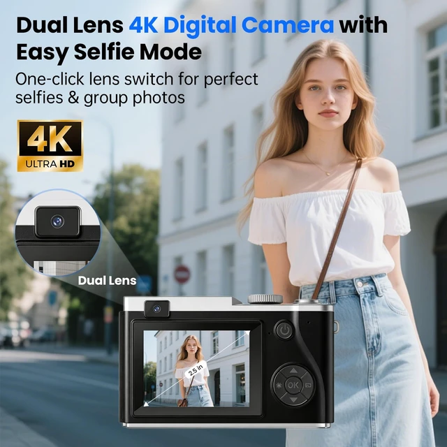 Alt view image 2 of 7 - Point and Shoot Digital Cameras, Kid Digital Camera with Lanyard & 32GB 16X Zoom camera for teens with Flash, Filters, Games, Video Recording for Teens Travel VlogBlack