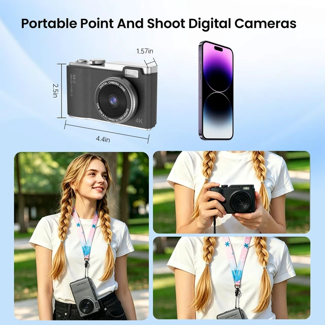 Alt view image 6 of 7 - Point and Shoot Digital Cameras, Kid Digital Camera with Lanyard & 32GB 16X Zoom camera for teens with Flash, Filters, Games, Video Recording for Teens Travel VlogBlack