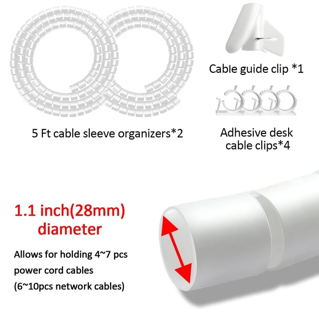 Alt view image 2 of 7 - Large Cable Management White Computer Wire Sleeve Organizer Coiled Under Desk Tubes 2 PCS, 1.1 inch -5 ft EZ Spiral Cable Bundler Cover for TV Office, Pet Chew and Bite Proof Cable Protector