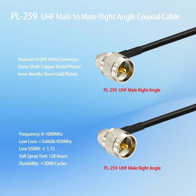 Alt view image 2 of 7 - CB Coax Cable 2ft RG58 UHF Pl259 Male to Male Coaxial Cable 2-Pack Right Angle PL-259 Jumper Outdoor for HAM CB Radio Antenna Analyzer Tunner Dummy Load SWR Meter