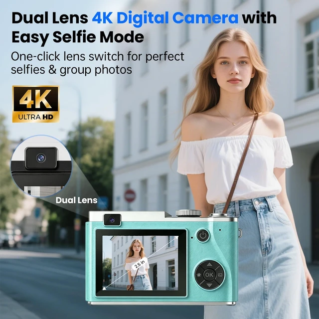 Alt view image 2 of 7 - Point and Shoot Digital Cameras, Kid Digital Camera with Lanyard & 32GB 16X Zoom camera for teens with Flash, Filters, Games, Video Recording for Teens Travel VlogGreen