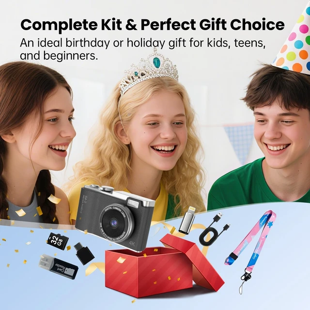 Alt view image 7 of 7 - Point and Shoot Digital Cameras, Kid Digital Camera with Lanyard & 32GB 16X Zoom camera for teens with Flash, Filters, Games, Video Recording for Teens Travel VlogBlack