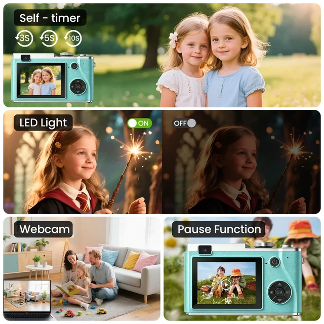 Alt view image 4 of 7 - Point and Shoot Digital Cameras, Kid Digital Camera with Lanyard & 32GB 16X Zoom camera for teens with Flash, Filters, Games, Video Recording for Teens Travel VlogGreen