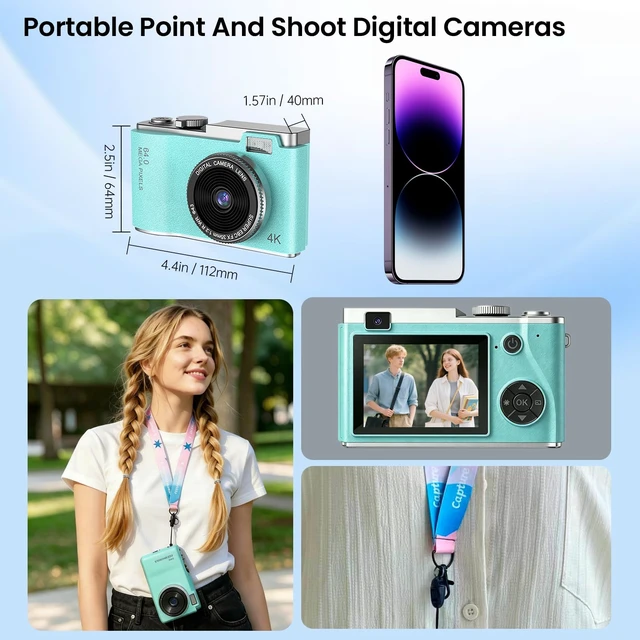 Alt view image 6 of 7 - Point and Shoot Digital Cameras, Kid Digital Camera with Lanyard & 32GB 16X Zoom camera for teens with Flash, Filters, Games, Video Recording for Teens Travel VlogGreen