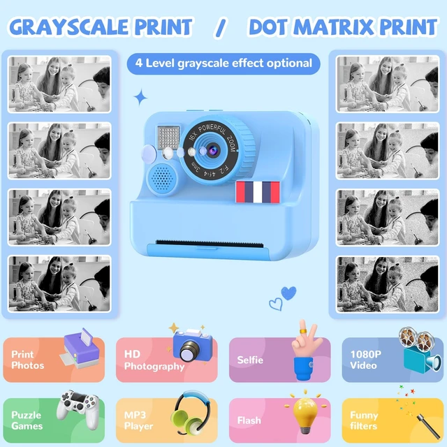 Alt view image 2 of 7 - Instant Print Camera for Kids - Christmas Birthday Girls Boys Gifts for Age 3 4 5 6 7 8 9 10 Year Old, 2.4 Inch Screen Kids Instant Camera, Kid Digital Video Dual Cameras with 32 GB SD Card
