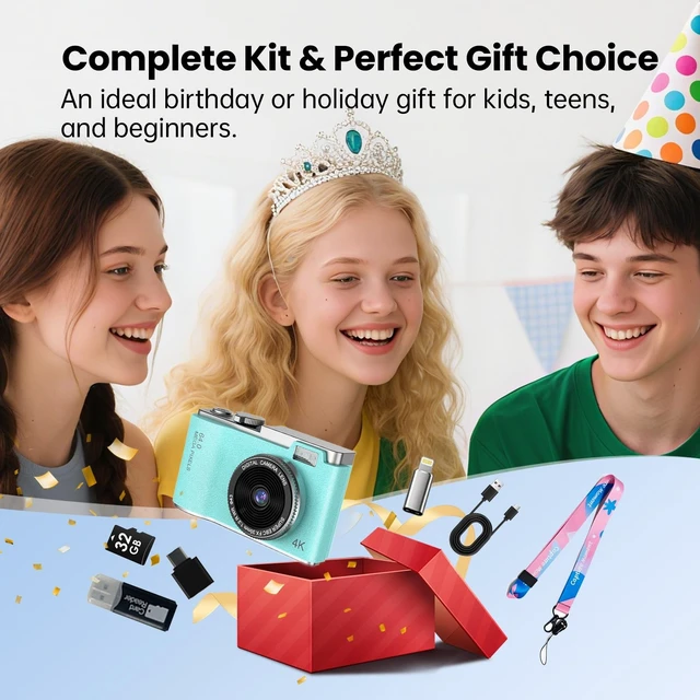 Alt view image 7 of 7 - Point and Shoot Digital Cameras, Kid Digital Camera with Lanyard & 32GB 16X Zoom camera for teens with Flash, Filters, Games, Video Recording for Teens Travel VlogGreen