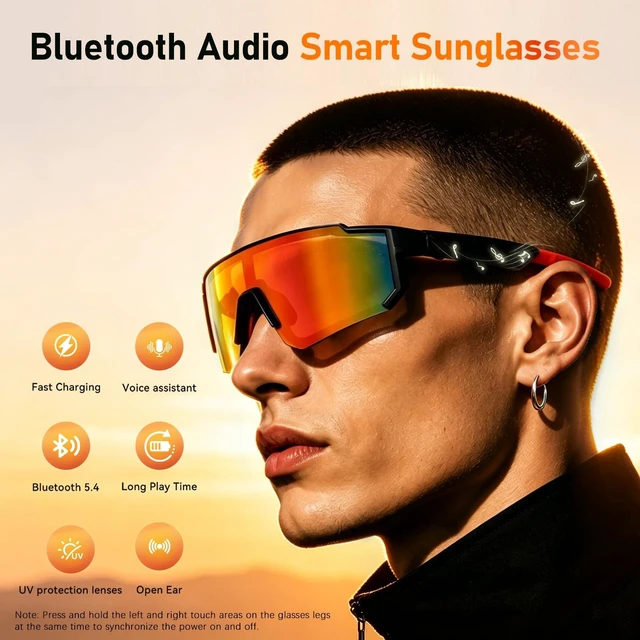 Alt view image 2 of 7 - Smart Sports Sunglasses for Men/Women, Bluetooth Glasses for Cycling Running Driving, UV400 Polarized Lenses, Bluetooth 5.4, 6-8H Playtime, Outdoor UV Protection and Voice Control (Orange)