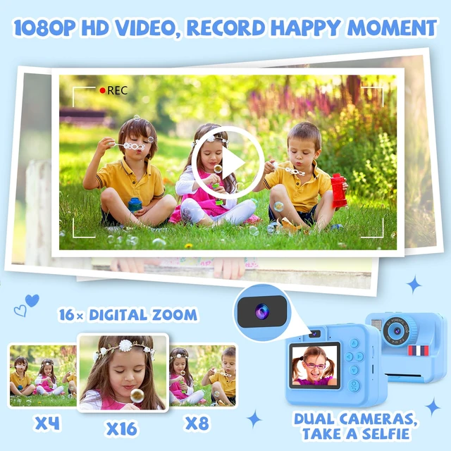 Alt view image 3 of 7 - Instant Print Camera for Kids - Christmas Birthday Girls Boys Gifts for Age 3 4 5 6 7 8 9 10 Year Old, 2.4 Inch Screen Kids Instant Camera, Kid Digital Video Dual Cameras with 32 GB SD Card