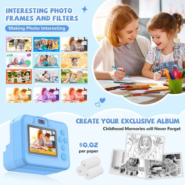 Alt view image 4 of 7 - Instant Print Camera for Kids - Christmas Birthday Girls Boys Gifts for Age 3 4 5 6 7 8 9 10 Year Old, 2.4 Inch Screen Kids Instant Camera, Kid Digital Video Dual Cameras with 32 GB SD Card
