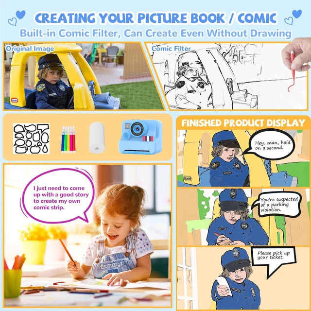 Alt view image 5 of 7 - Instant Print Camera for Kids - Christmas Birthday Girls Boys Gifts for Age 3 4 5 6 7 8 9 10 Year Old, 2.4 Inch Screen Kids Instant Camera, Kid Digital Video Dual Cameras with 32 GB SD Card