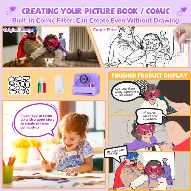 Alt view image 5 of 7 - Instant Print Camera for Kids - Christmas Birthday Girls Gifts for Age 3 4 5 6 7 8 9 10 Year Old, 2.4 Inch Screen Kids Instant Camera, Toddler Camera Toys for Age 3-12 with 32 GB SD Card