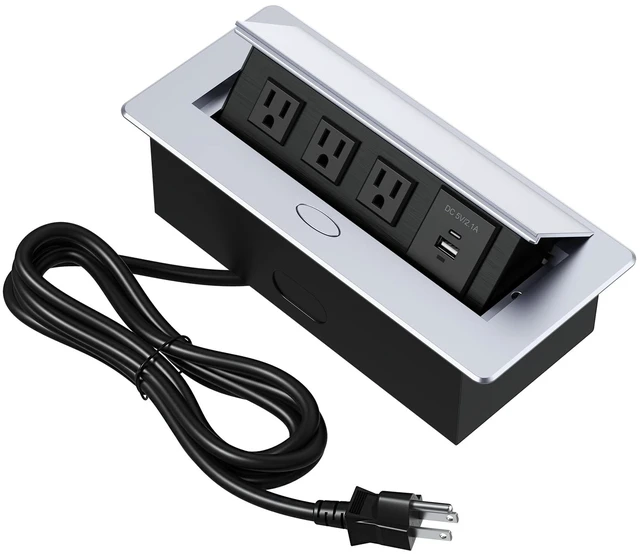 Main image of Connection Box Desktop Pop Up Outlet with 3 * 15A Receptacle2.1A 1 USB-A Ports &1 USB-C PortCorrosive Resistant Hardware,Silver