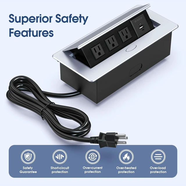 Alt view image 2 of 6 - Connection Box Desktop Pop Up Outlet with 3 * 15A Receptacle2.1A 1 USB-A Ports &1 USB-C PortCorrosive Resistant Hardware,Silver