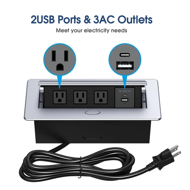 Alt view image 3 of 6 - Connection Box Desktop Pop Up Outlet with 3 * 15A Receptacle2.1A 1 USB-A Ports &1 USB-C PortCorrosive Resistant Hardware,Silver
