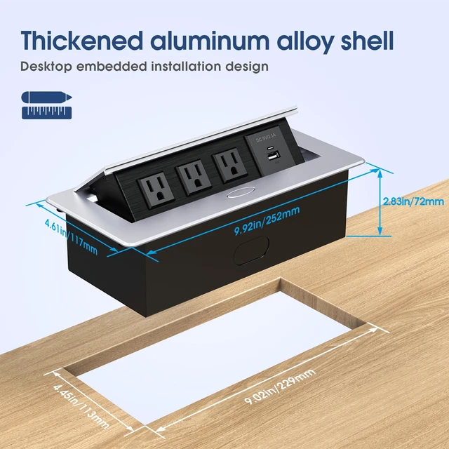 Alt view image 4 of 6 - Connection Box Desktop Pop Up Outlet with 3 * 15A Receptacle2.1A 1 USB-A Ports &1 USB-C PortCorrosive Resistant Hardware,Silver
