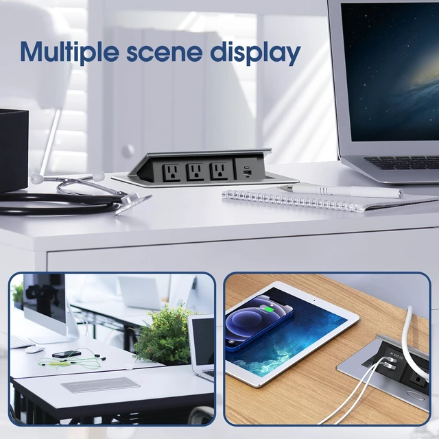 Alt view image 6 of 6 - Connection Box Desktop Pop Up Outlet with 3 * 15A Receptacle2.1A 1 USB-A Ports &1 USB-C PortCorrosive Resistant Hardware,Silver