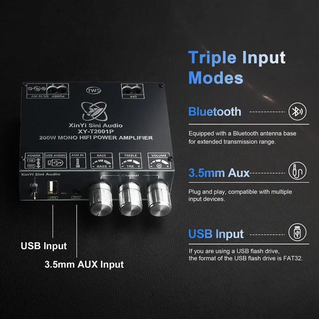 Alt view image 4 of 6 - 200W Mono Amplifier Board TPA3221 Chip with TWS,Bluetooth/3.5mm AUX/USB Input,Vehicle Amplifier Wide Voltage Input 12-30V