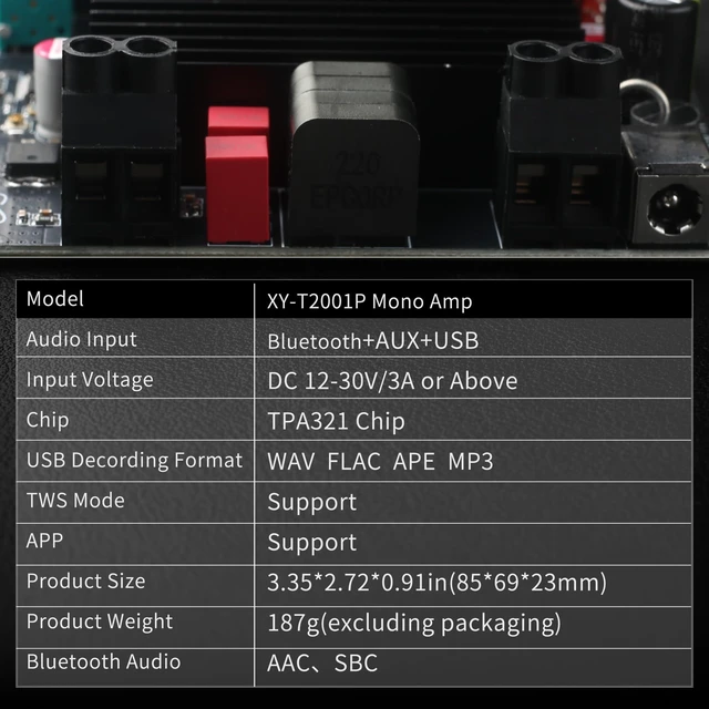 Alt view image 5 of 6 - 200W Mono Amplifier Board TPA3221 Chip with TWS,Bluetooth/3.5mm AUX/USB Input,Vehicle Amplifier Wide Voltage Input 12-30V