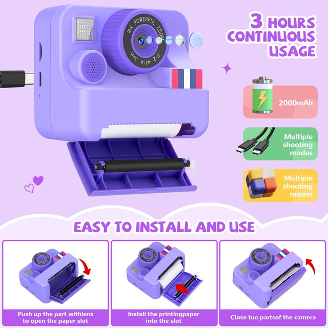 Alt view image 7 of 7 - Instant Print Camera for Kids - Christmas Birthday Girls Gifts for Age 3 4 5 6 7 8 9 10 Year Old, 2.4 Inch Screen Kids Instant Camera, Toddler Camera Toys for Age 3-12 with 32 GB SD Card
