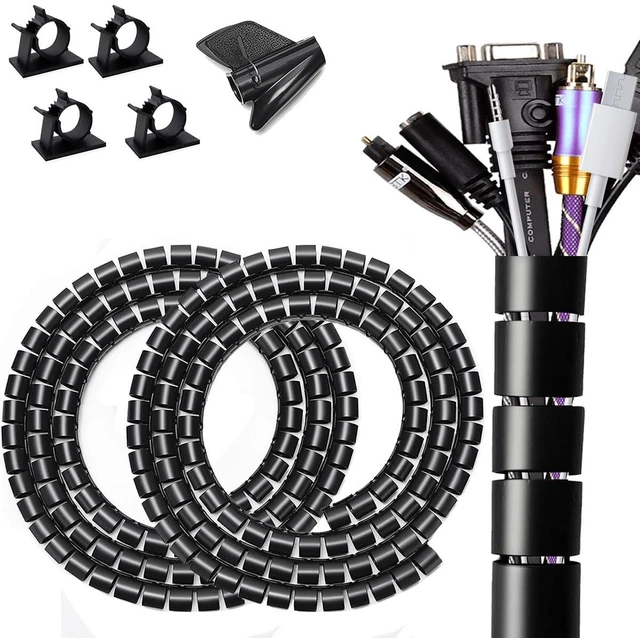 Main image of Large PC Cable Management Tube Sleeve Under Desk Wire Organizer for Cords 2 PCS Black, 1.1 inch -5 ft EZ Spiral Cable Wrap Cover Bundler w/Clips for TV Office, Pet Proof Cable Protector