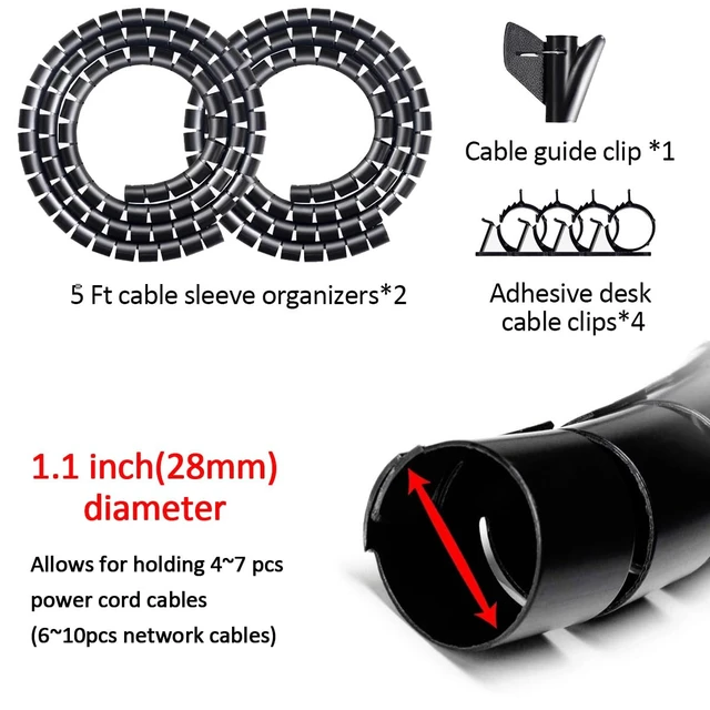 Alt view image 2 of 7 - Large PC Cable Management Tube Sleeve Under Desk Wire Organizer for Cords 2 PCS Black, 1.1 inch -5 ft EZ Spiral Cable Wrap Cover Bundler w/Clips for TV Office, Pet Proof Cable Protector