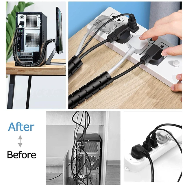 Alt view image 3 of 7 - Large PC Cable Management Tube Sleeve Under Desk Wire Organizer for Cords 2 PCS Black, 1.1 inch -5 ft EZ Spiral Cable Wrap Cover Bundler w/Clips for TV Office, Pet Proof Cable Protector