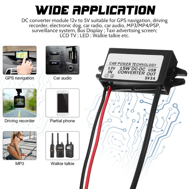 Alt view image 6 of 7 - 12v to 5v Dc-dc Buck Converter, 3a 15w, Micro USB, 3 Pieces Waterproof Epoxy-sealed Housing, up to 96% Efficiency, Low Heat, for Vehicles, Gps and Security Systems, Built-in Protection