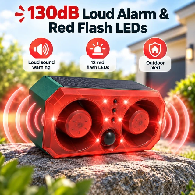 Alt view image 2 of 7 - Solar Motion Alarm 130dB Dual Speakers, 3 Modes Solar+USB Charging Custom & Preset Sounds Night/24H/Timer For Yard, Coop, Farm, Driveway, Garden, Barn