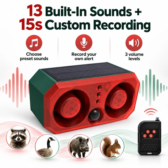 Alt view image 3 of 7 - Solar Motion Alarm 130dB Dual Speakers, 3 Modes Solar+USB Charging Custom & Preset Sounds Night/24H/Timer For Yard, Coop, Farm, Driveway, Garden, Barn