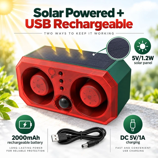 Alt view image 5 of 7 - Solar Motion Alarm 130dB Dual Speakers, 3 Modes Solar+USB Charging Custom & Preset Sounds Night/24H/Timer For Yard, Coop, Farm, Driveway, Garden, Barn