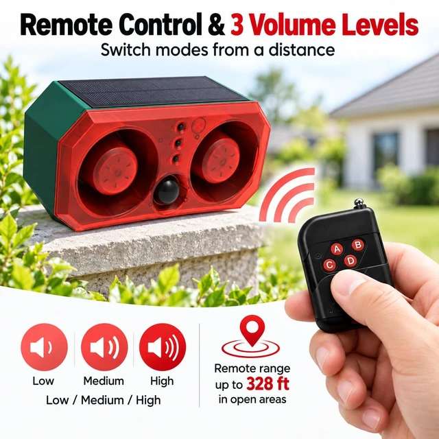 Alt view image 6 of 7 - Solar Motion Alarm 130dB Dual Speakers, 3 Modes Solar+USB Charging Custom & Preset Sounds Night/24H/Timer For Yard, Coop, Farm, Driveway, Garden, Barn