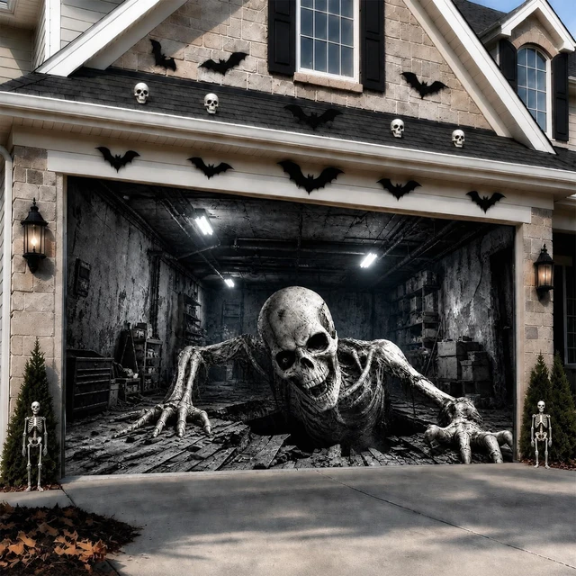 Main image of Halloween Garage Door Cover, 6x13 ft, Realistic Skeleton Garage Scene Halloween Double Garage Door Banner, 3D Skeleton Breaking out of Garage Illusion,Outdoor Halloween Garage Wall Backdrop Decor