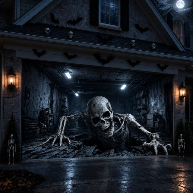 Alt view image 2 of 7 - Halloween Garage Door Cover, 6x13 ft, Realistic Skeleton Garage Scene Halloween Double Garage Door Banner, 3D Skeleton Breaking out of Garage Illusion,Outdoor Halloween Garage Wall Backdrop Decor