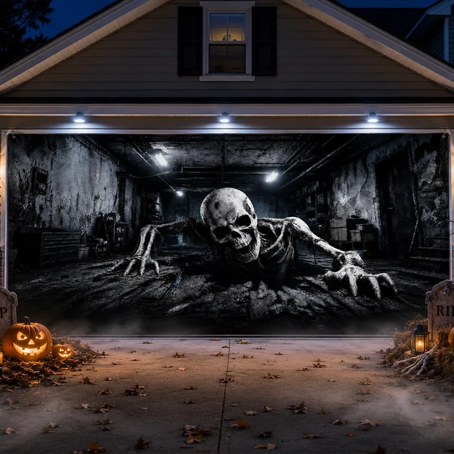 Alt view image 3 of 7 - Halloween Garage Door Cover, 6x13 ft, Realistic Skeleton Garage Scene Halloween Double Garage Door Banner, 3D Skeleton Breaking out of Garage Illusion,Outdoor Halloween Garage Wall Backdrop Decor