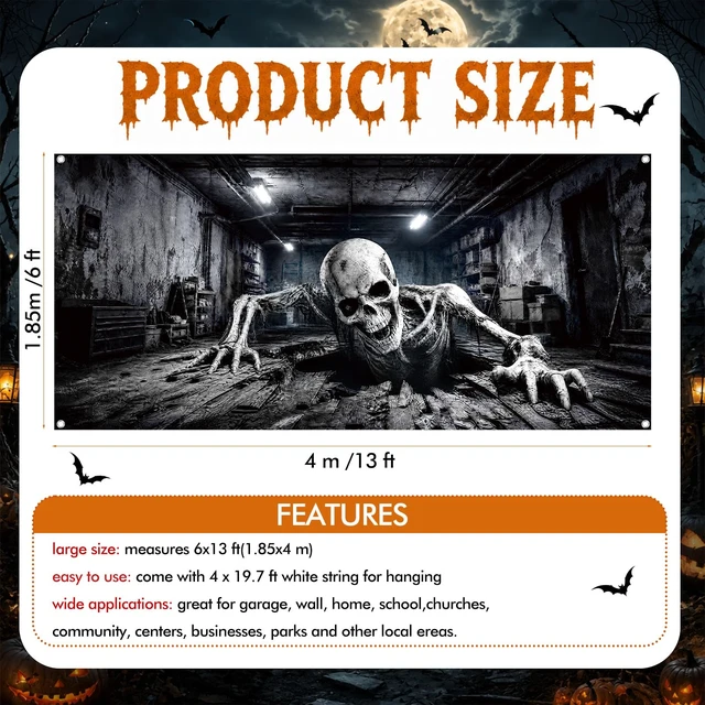 Alt view image 4 of 7 - Halloween Garage Door Cover, 6x13 ft, Realistic Skeleton Garage Scene Halloween Double Garage Door Banner, 3D Skeleton Breaking out of Garage Illusion,Outdoor Halloween Garage Wall Backdrop Decor