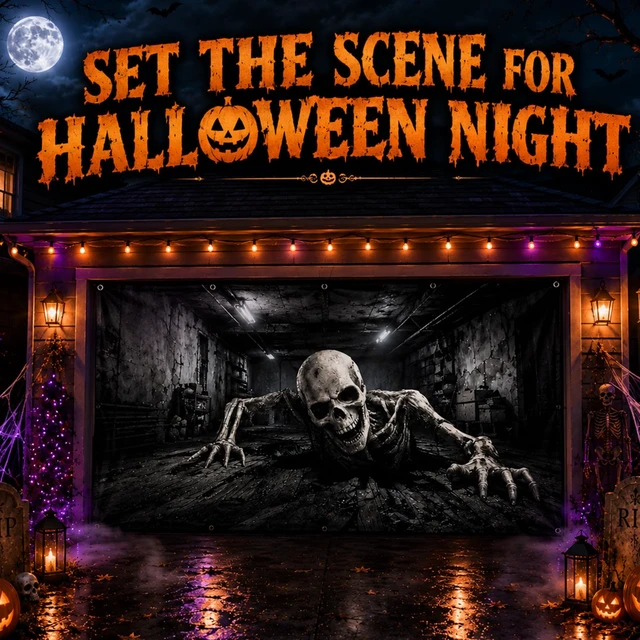 Alt view image 5 of 7 - Halloween Garage Door Cover, 6x13 ft, Realistic Skeleton Garage Scene Halloween Double Garage Door Banner, 3D Skeleton Breaking out of Garage Illusion,Outdoor Halloween Garage Wall Backdrop Decor
