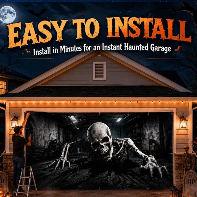 Alt view image 6 of 7 - Halloween Garage Door Cover, 6x13 ft, Realistic Skeleton Garage Scene Halloween Double Garage Door Banner, 3D Skeleton Breaking out of Garage Illusion,Outdoor Halloween Garage Wall Backdrop Decor