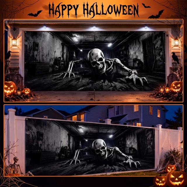 Alt view image 7 of 7 - Halloween Garage Door Cover, 6x13 ft, Realistic Skeleton Garage Scene Halloween Double Garage Door Banner, 3D Skeleton Breaking out of Garage Illusion,Outdoor Halloween Garage Wall Backdrop Decor