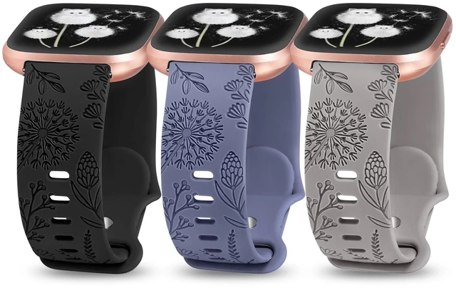 Main image of 3 Packs Floral Engraved Band Compatible with Fitbit Versa 2 Band/Versa Lite/Versa Band Women, Cute Soft Silicone Dandelion Flower Pattern Sport Designer Fancy Summer Strap for Versa 2