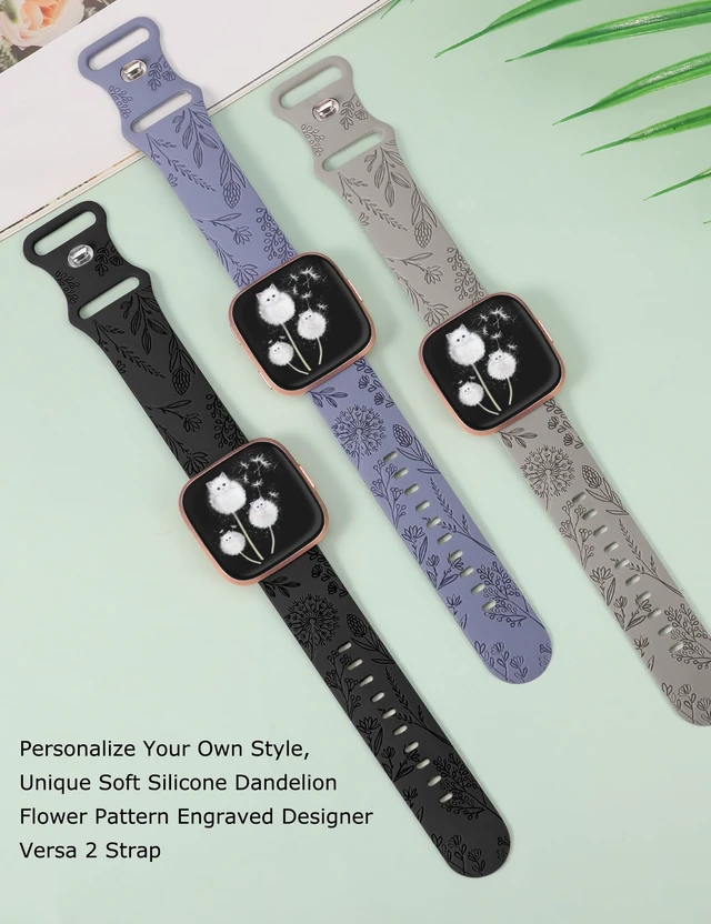 Alt view image 3 of 5 - 3 Packs Floral Engraved Band Compatible with Fitbit Versa 2 Band/Versa Lite/Versa Band Women, Cute Soft Silicone Dandelion Flower Pattern Sport Designer Fancy Summer Strap for Versa 2