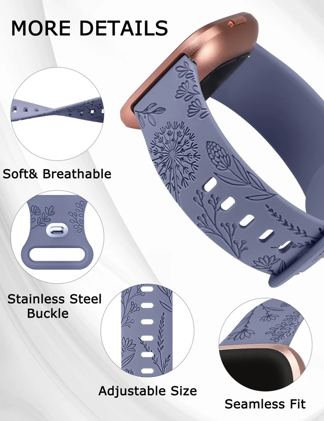 Alt view image 4 of 5 - 3 Packs Floral Engraved Band Compatible with Fitbit Versa 2 Band/Versa Lite/Versa Band Women, Cute Soft Silicone Dandelion Flower Pattern Sport Designer Fancy Summer Strap for Versa 2