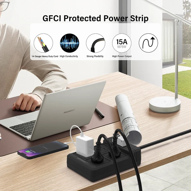 Alt view image 2 of 7 - GFCI Power Strip with 4 Outlets, 30mA RCBO Circuit Breaker, Black 14AWG Heavy Duty Cord,5.9FT Cord with Leakage Protection & Reset Button for Workshop,Garage, Jobsite, Home Office